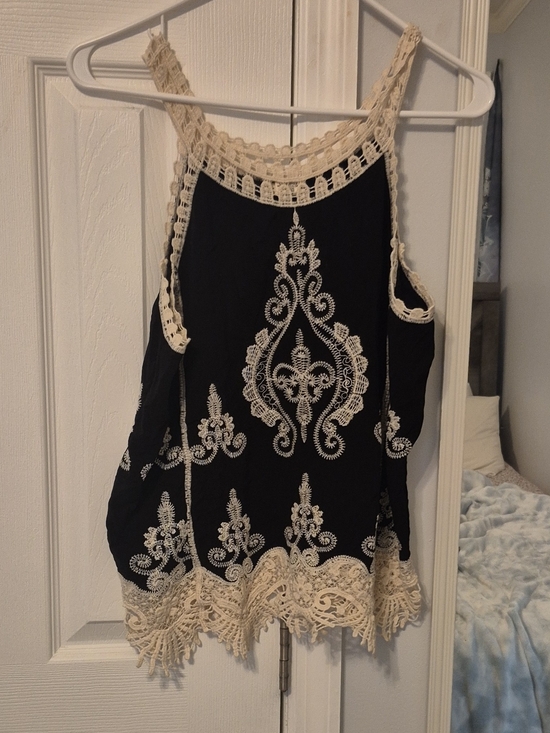 Ultra Pink Tops - Ultra Pink Black Tank Top with Cream Crochet Trim